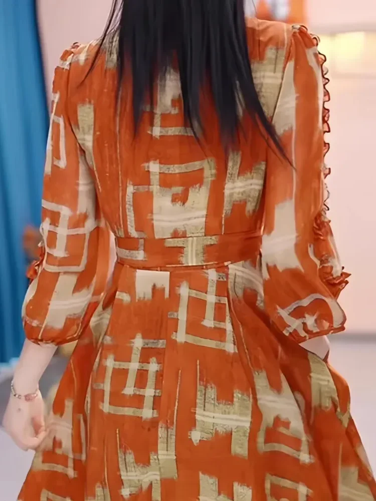 FADFAD Gaun lengan panjang model balon motif cetak unik dengan bentul leher u