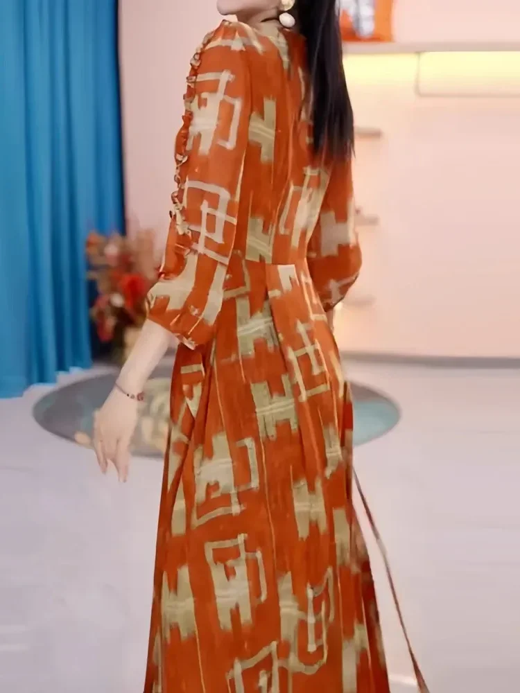 FADFAD Gaun lengan panjang model balon motif cetak unik dengan bentul leher u