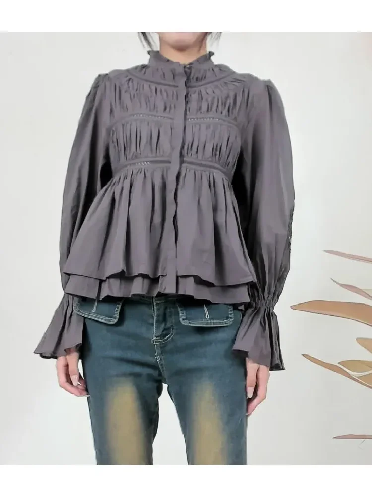 [NEW]CHICMORE Atasan kemeja dengan lengan panjang berwarna polos manis dan lucu gaya baru untuk wanita