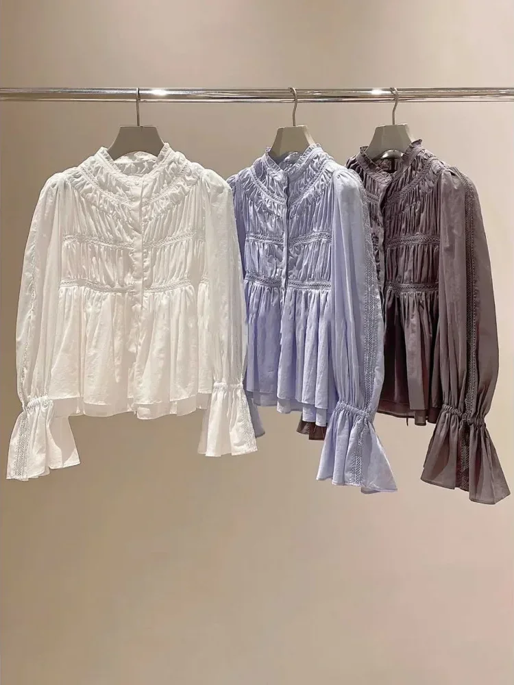 [NEW]CHICMORE Atasan kemeja dengan lengan panjang berwarna polos manis dan lucu gaya baru untuk wanita