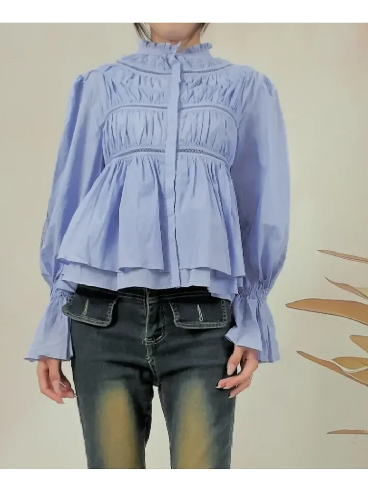 [NEW]CHICMORE Atasan kemeja dengan lengan panjang berwarna polos manis dan lucu gaya baru untuk wanita