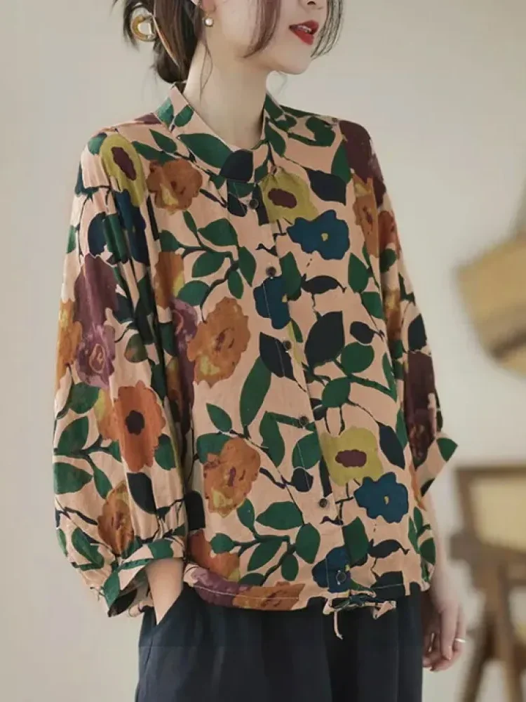 [CUCI GUDANG]FADFAD Atasan kemeja motif cetak retro kemeja kasual tipis ukuran besar untuk wanita