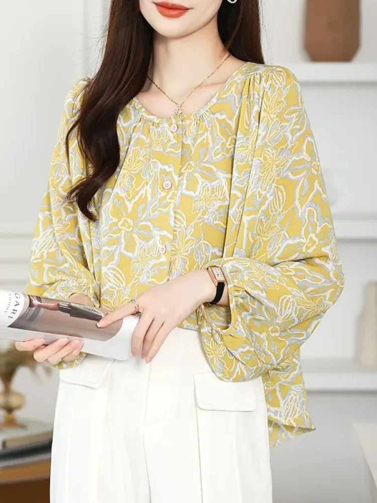 [DISKON KILAT]FADFAD Atasan blouse motif bunga lengan puff modis leher bulat untuk wanita