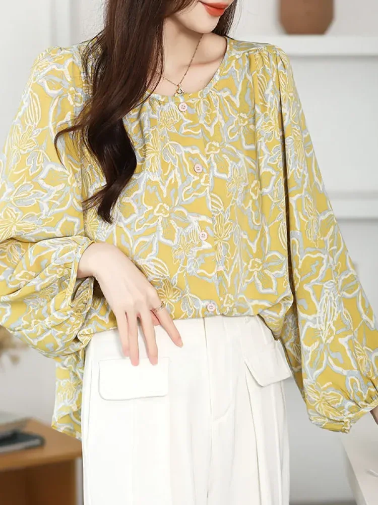 [DISKON KILAT]FADFAD Atasan blouse motif bunga lengan puff modis leher bulat untuk wanita