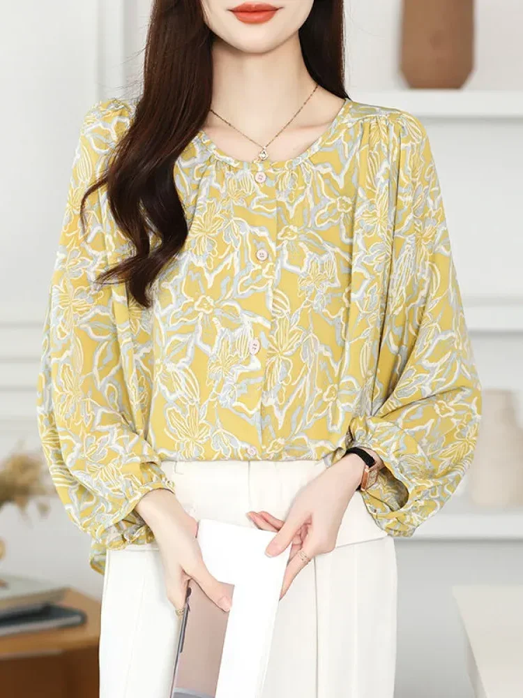 [DISKON KILAT]FADFAD Atasan blouse motif bunga lengan puff modis leher bulat untuk wanita