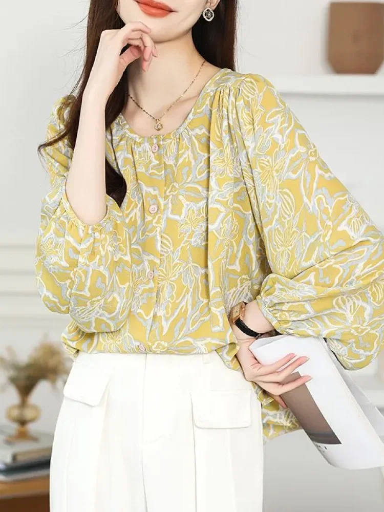 [DISKON KILAT]FADFAD Atasan blouse motif bunga lengan puff modis leher bulat untuk wanita