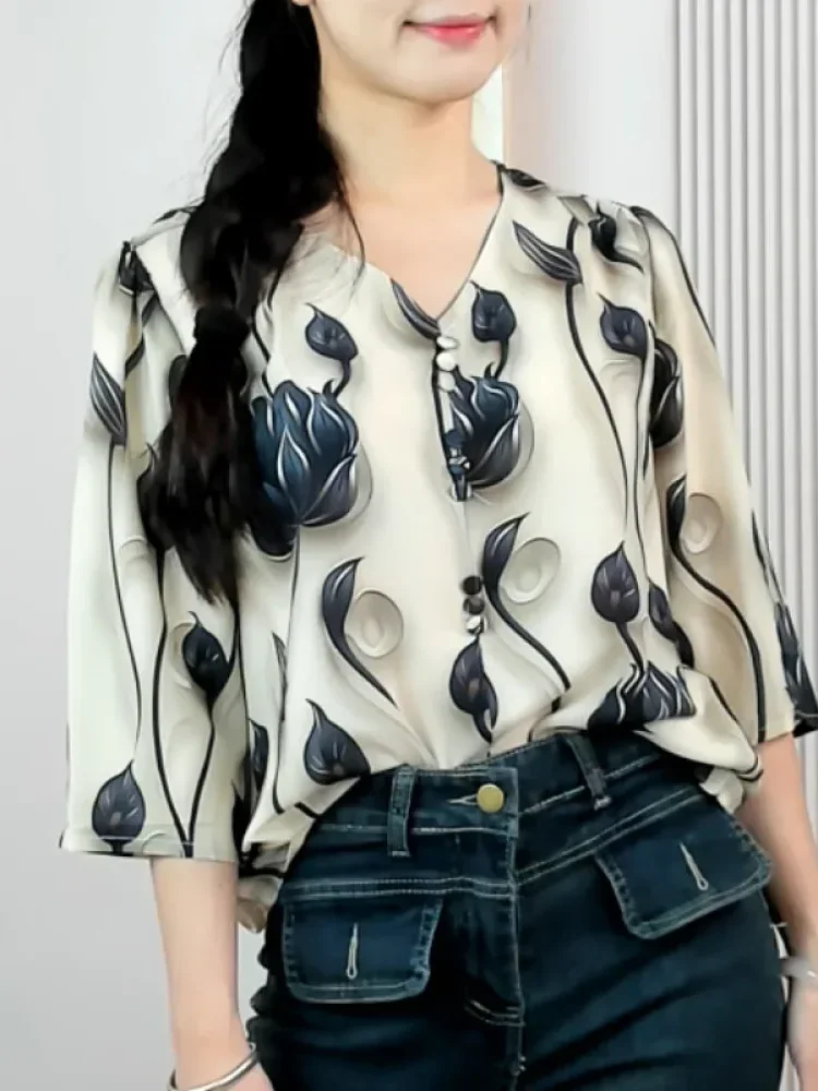 [DISKON KILAT]FADFAD Atasan wanita kerah v-neck untuk wanita dengan lengan tiga perempat