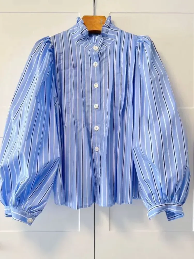 CHICMORE Atasan kemeja dengan motif garis berlengan panjang gaya kasual untuk wanita