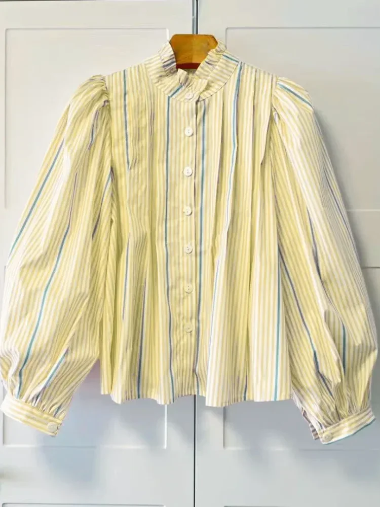 CHICMORE Atasan kemeja dengan motif garis berlengan panjang gaya kasual untuk wanita