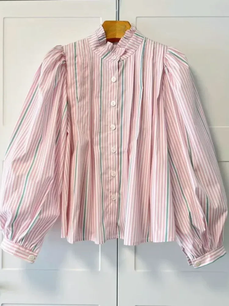 CHICMORE Atasan kemeja dengan motif garis berlengan panjang gaya kasual untuk wanita