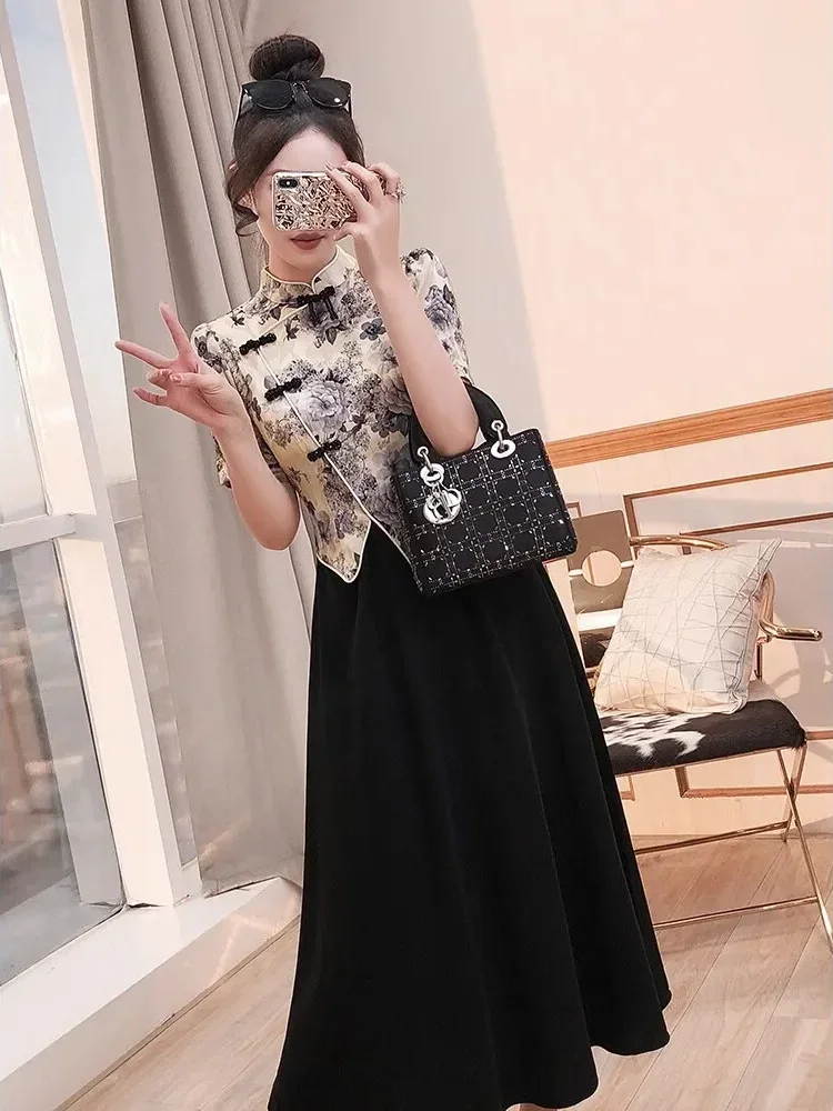 CHICMORE Gaun hitam kecil wanita musim panas baru rok bunga