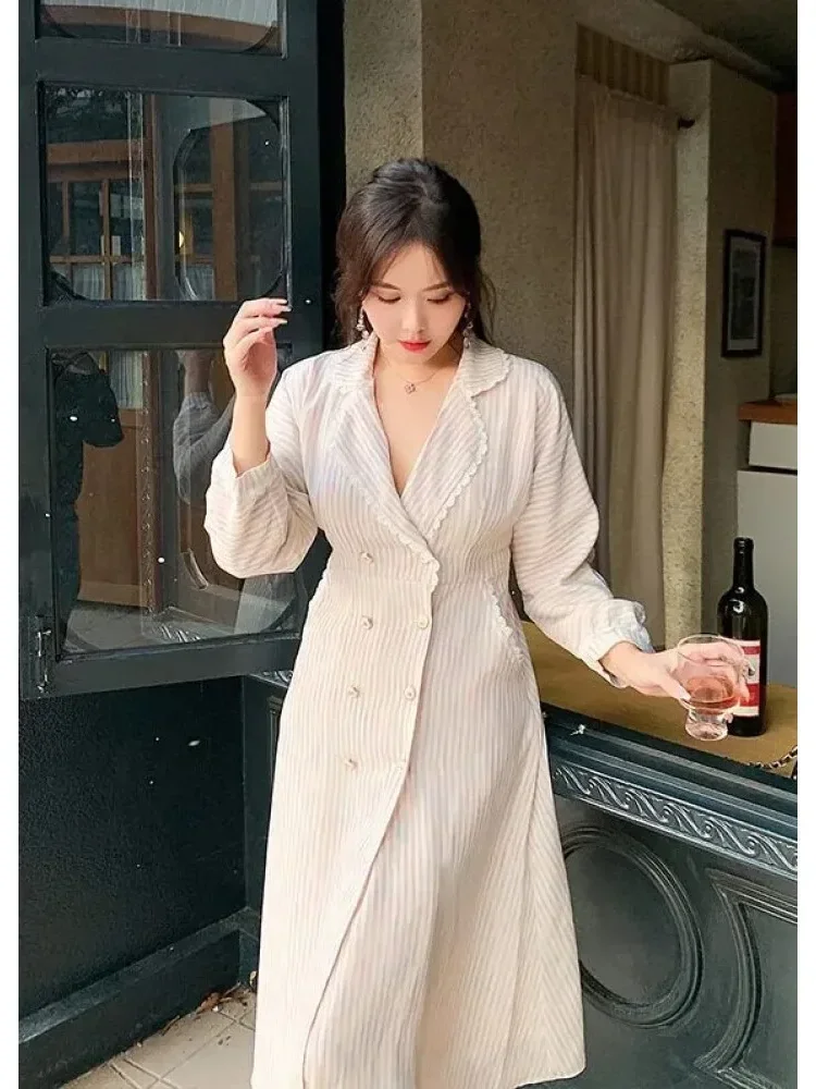 CHICMORE Gaun perancis untuk wanita rok panjang lengan panjang
