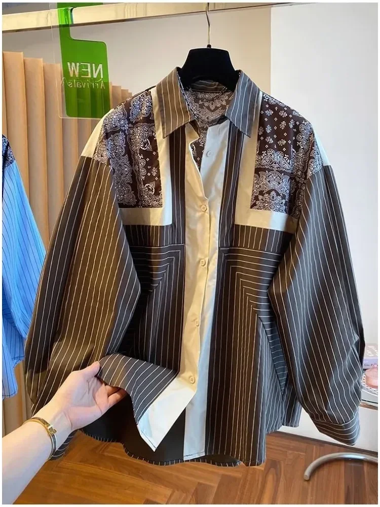 [NEW]CHICMORE Atasan kemeja lengan panjang bergaris garis dan batik bagian punggung dan dada