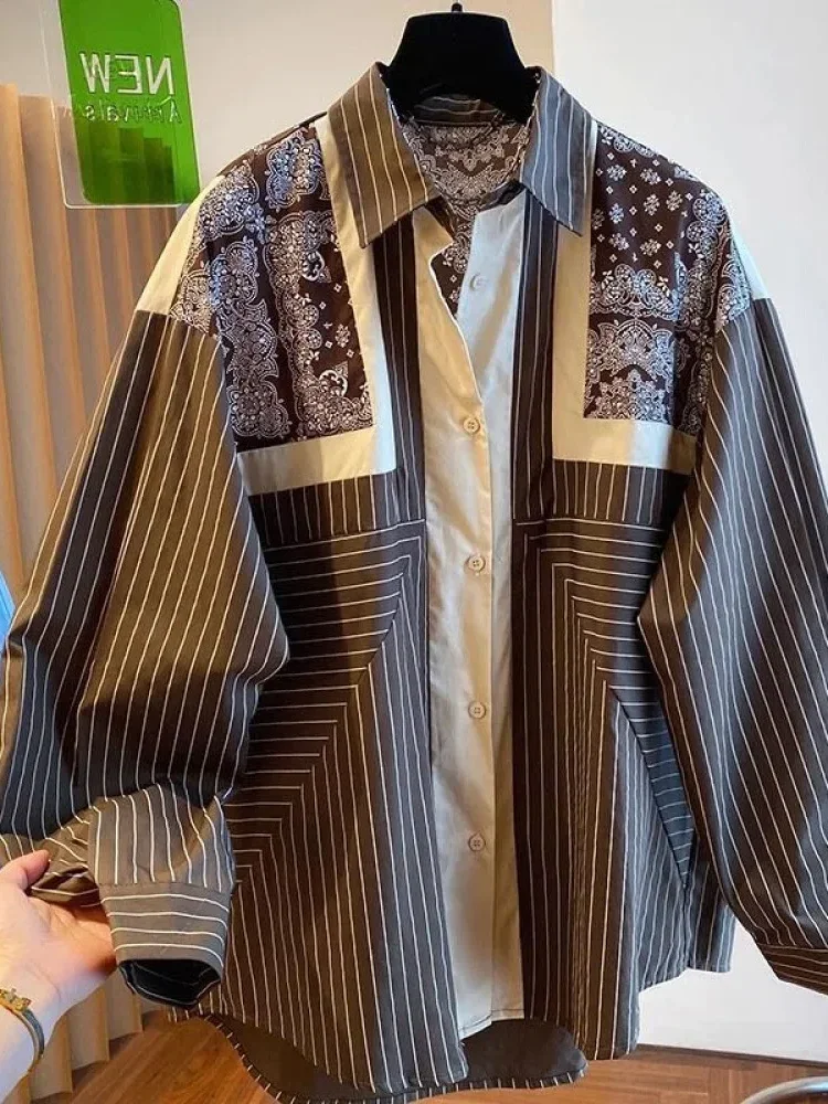 [NEW]CHICMORE Atasan kemeja lengan panjang bergaris garis dan batik bagian punggung dan dada