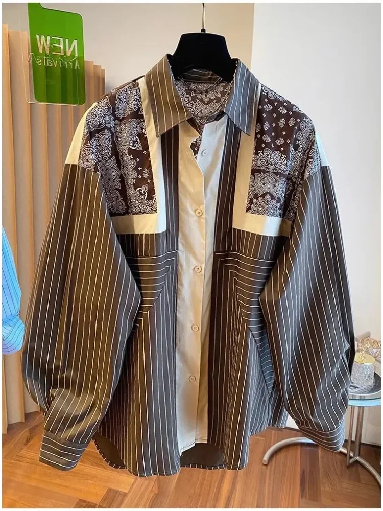 [NEW]CHICMORE Atasan kemeja lengan panjang bergaris garis dan batik bagian punggung dan dada