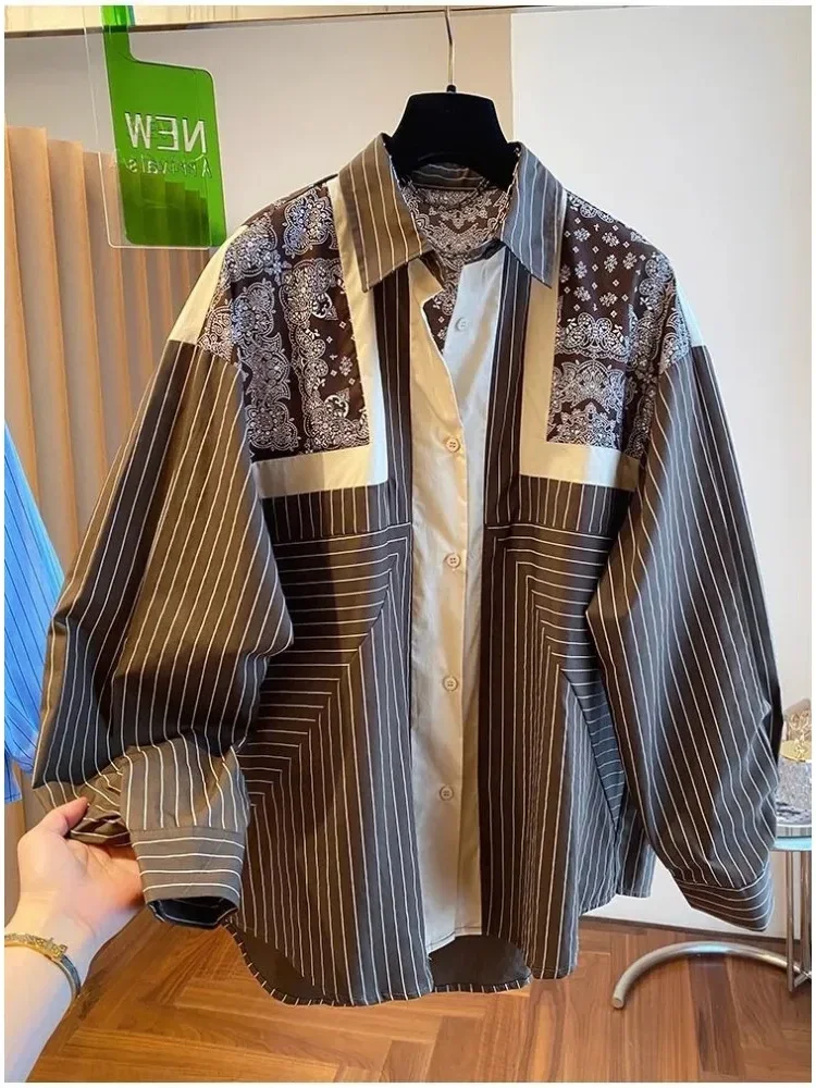 [NEW]CHICMORE Atasan kemeja lengan panjang bergaris garis dan batik bagian punggung dan dada