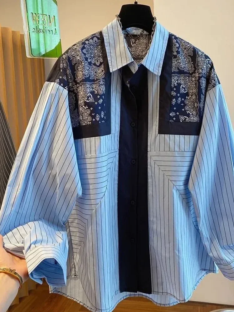 [NEW]CHICMORE Atasan kemeja lengan panjang bergaris garis dan batik bagian punggung dan dada