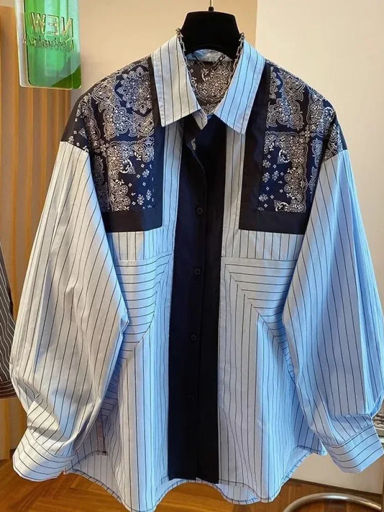 [NEW]CHICMORE Atasan kemeja lengan panjang bergaris garis dan batik bagian punggung dan dada