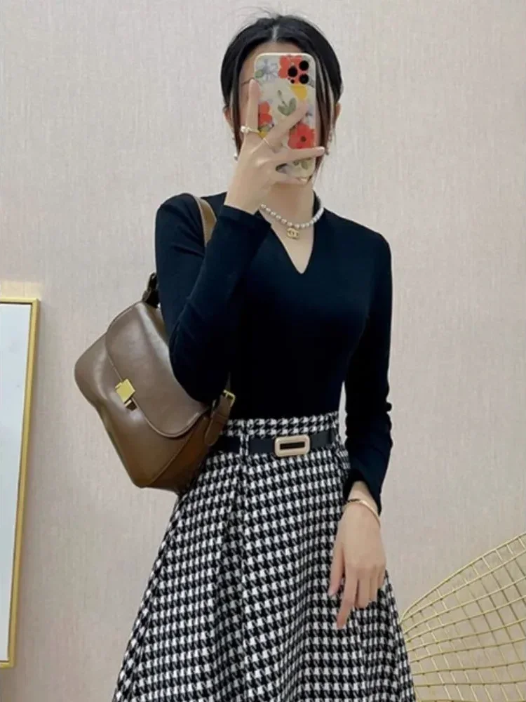 FADFAD Gaun wanita motif bergaris rok panjang berkerah lengan panjang gaya kasual