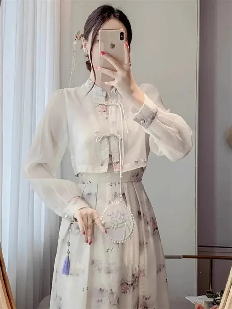 CHICMORE Gaun wanita motif bergaris rok panjang berkerah lengan panjang gaya kasual