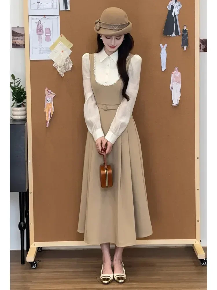 [NEW]CHICMORE [ready  stock]gaun wanita gaya lembut lengan panjang kerah polo dan terdapat kancing mutiara elegant dress