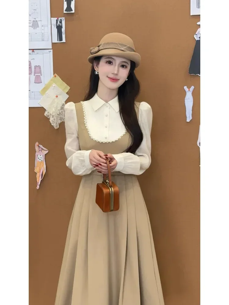 [NEW]CHICMORE [ready  stock]gaun wanita gaya lembut lengan panjang kerah polo dan terdapat kancing mutiara elegant dress