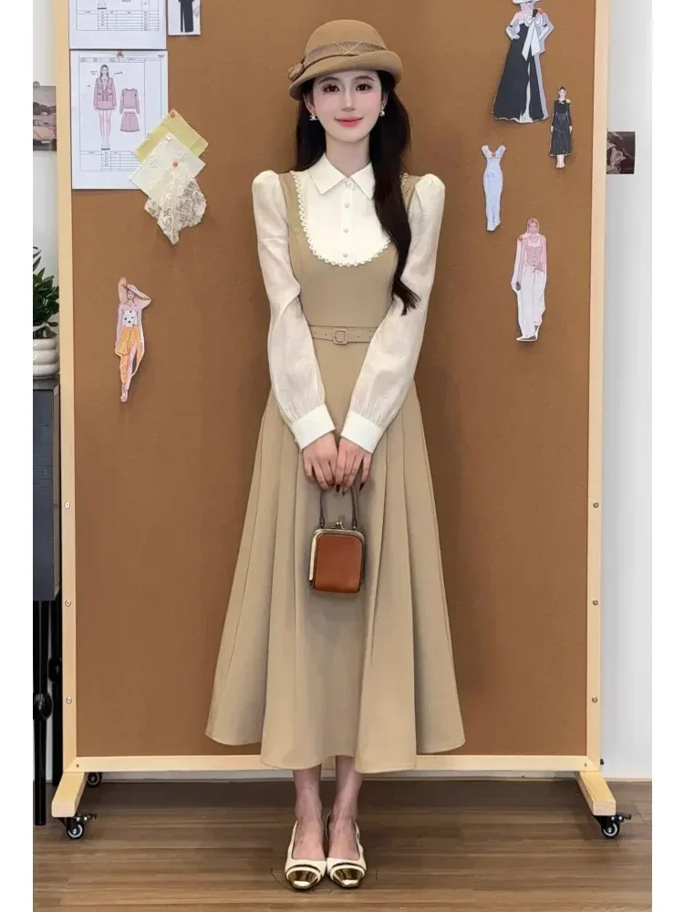 [NEW]CHICMORE [ready  stock]gaun wanita gaya lembut lengan panjang kerah polo dan terdapat kancing mutiara elegant dress