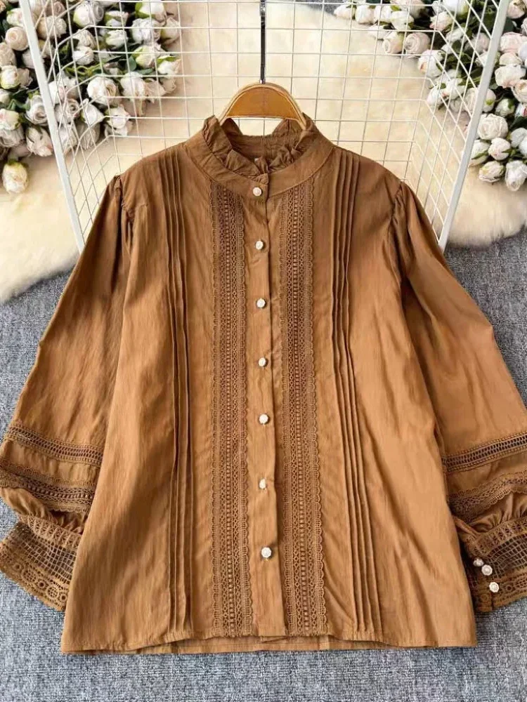 CHICMORE Atasan kemeja lengan panjang kerah tinggi gaya ruffle klasik elegant cocok untuk wanita muda