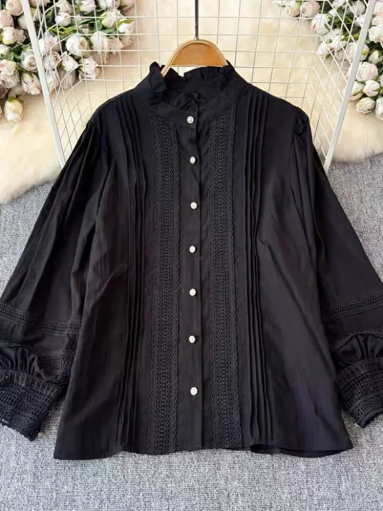 CHICMORE Atasan kemeja lengan panjang kerah tinggi gaya ruffle klasik elegant cocok untuk wanita muda