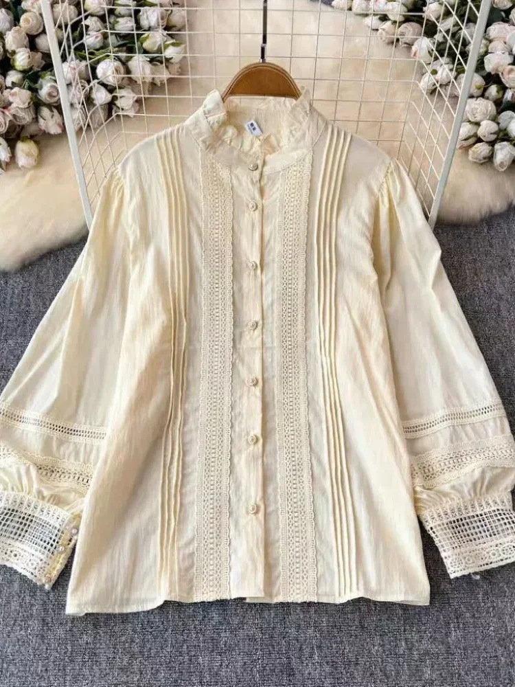 CHICMORE Atasan kemeja lengan panjang kerah tinggi gaya ruffle klasik elegant cocok untuk wanita muda