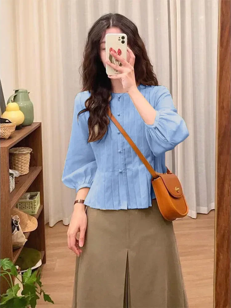 [DISKON KILAT]CHICMORE Atasan blouse motif bunga lipit bertali untuk wanita