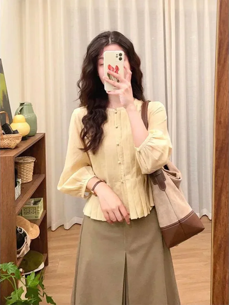 [DISKON KILAT]CHICMORE Atasan blouse motif bunga lipit bertali untuk wanita