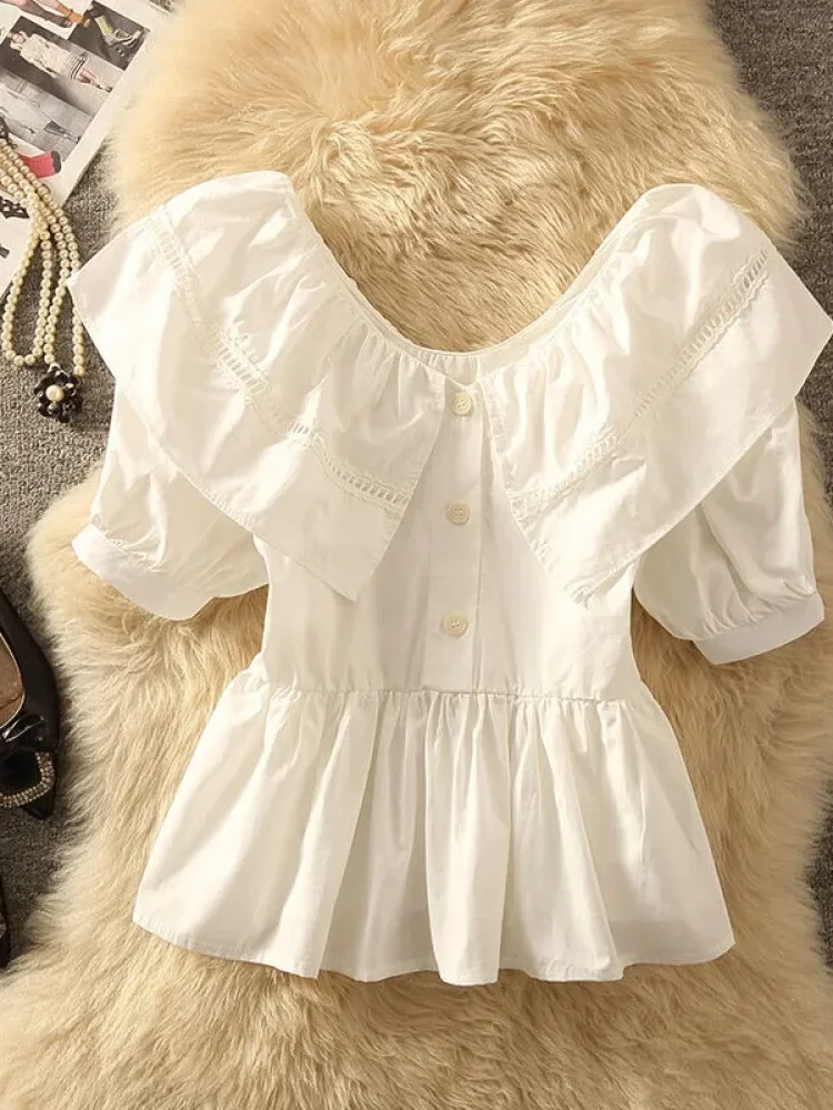 [DISKON KILAT]CHICMORE Atasan kerah boneka lengan pendek dengan kancing aktif bagian depan cocok untuk musim panas
