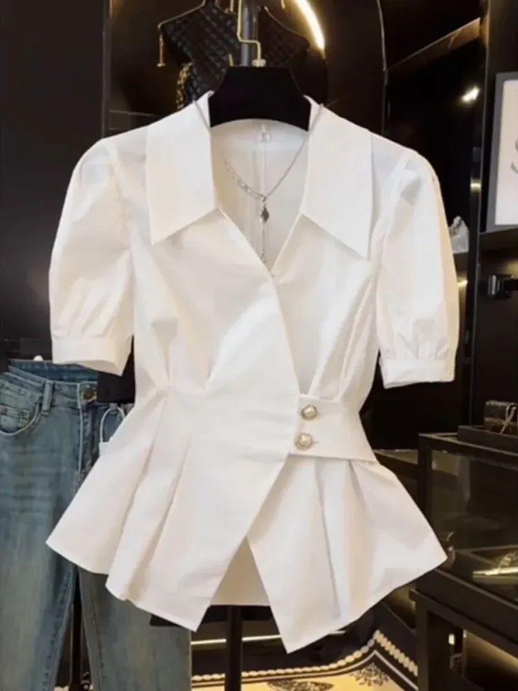 [DISKON KILAT]CHICMORE Atasan kemeja elegan lengan pendek dengan kerah v-neck dan model ramping