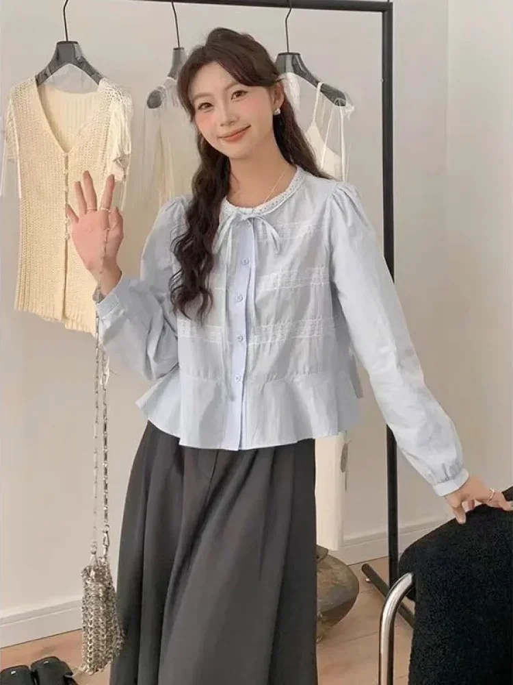 [DISKON KILAT]CHICMORE Atasan kemeja lengan panjang bertali leher bulat gaya korea untuk wanita gaya baru