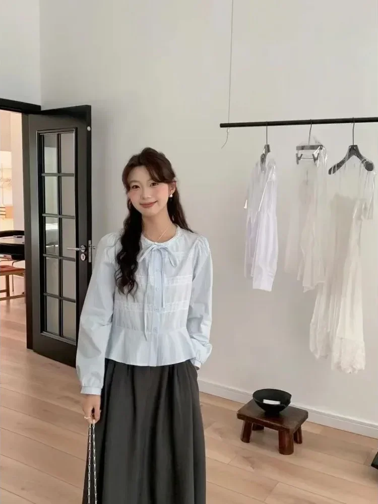 [DISKON KILAT]CHICMORE Atasan kemeja lengan panjang bertali leher bulat gaya korea untuk wanita gaya baru