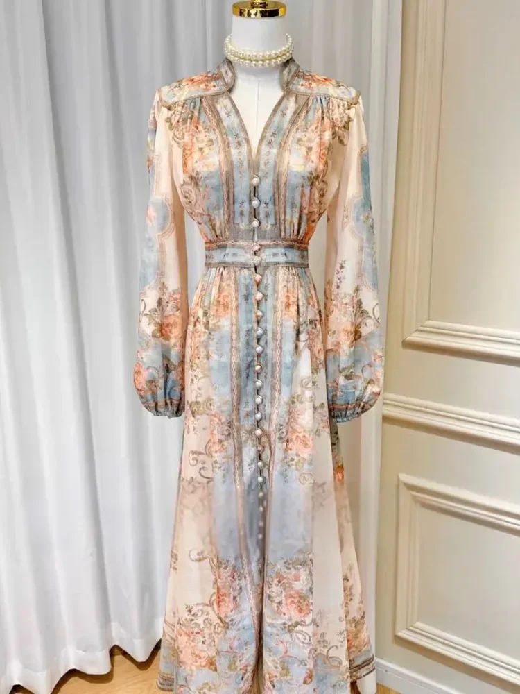 [CUCI GUDANG]FADFAD Gaun panjang bunga biru lengan panjang untuk wanita