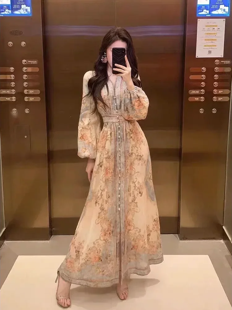 [CUCI GUDANG]FADFAD Gaun panjang bunga biru lengan panjang untuk wanita