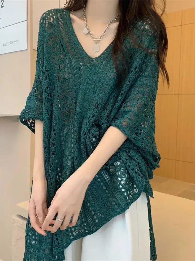 [NEW]CHICMORE Atasan sweter wanita lengan pendek berongga kerah v desain tipis atasan blus longgar chic unik musim semi