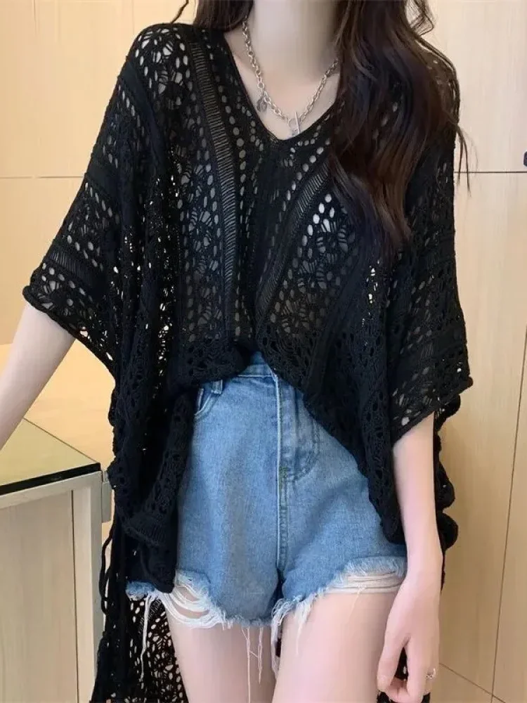 [NEW]CHICMORE Atasan sweter wanita lengan pendek berongga kerah v desain tipis atasan blus longgar chic unik musim semi