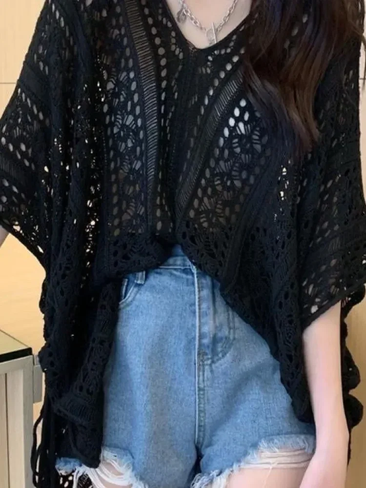 [NEW]CHICMORE Atasan sweter wanita lengan pendek berongga kerah v desain tipis atasan blus longgar chic unik musim semi