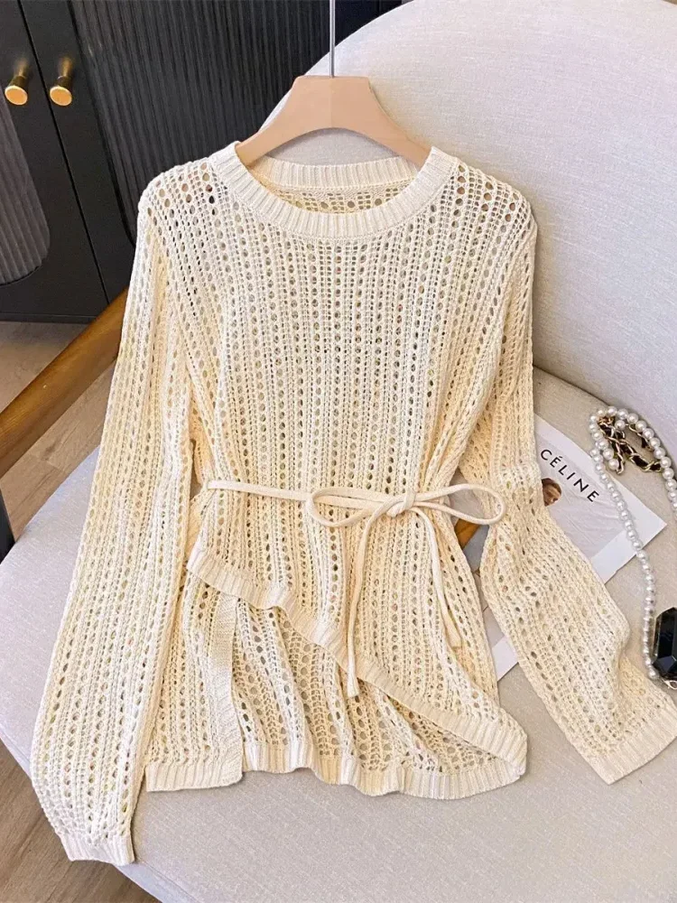 [CUCI GUDANG]CHICMORE Atasan blus sweater rajutan berongga leher bulat untuk wanita