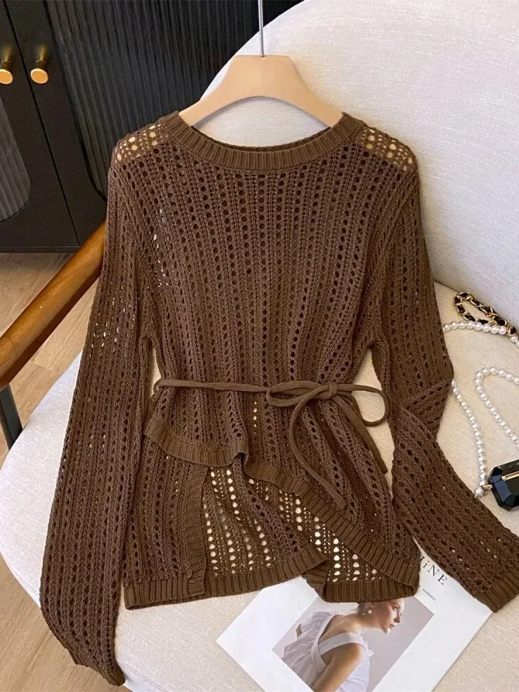 [CUCI GUDANG]CHICMORE Atasan blus sweater rajutan berongga leher bulat untuk wanita