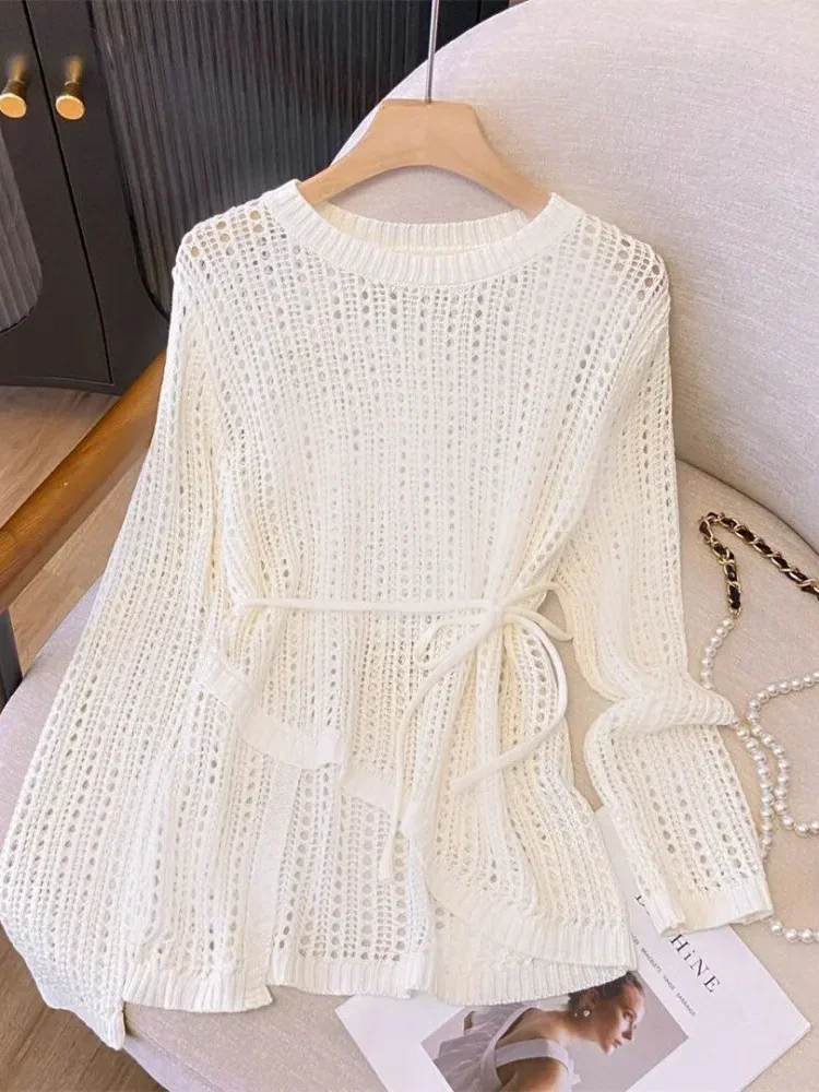 [CUCI GUDANG]CHICMORE Atasan blus sweater rajutan berongga leher bulat untuk wanita