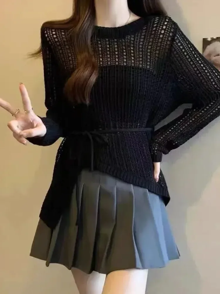 [CUCI GUDANG]CHICMORE Atasan blus sweater rajutan berongga leher bulat untuk wanita