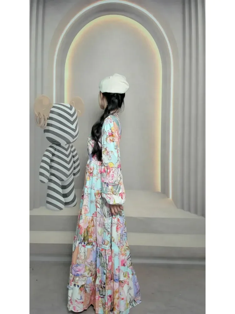 [CUCI GUDANG]FADFAD Gaun motif bunga lengan panjang dengan kerah bulat lengan puff dan terdapat kancing dan terdapat tali bagian pinggang