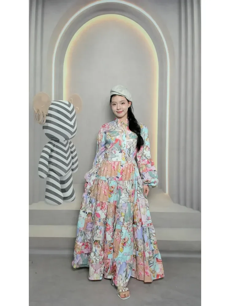 [CUCI GUDANG]FADFAD Gaun motif bunga lengan panjang dengan kerah bulat lengan puff dan terdapat kancing dan terdapat tali bagian pinggang