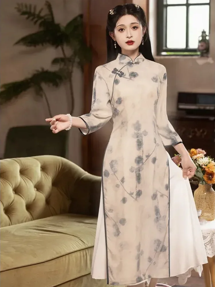 [DISKON KILAT]CHICMORE Gaun wanita gaya choengsam elegan dengan rok panjang aline