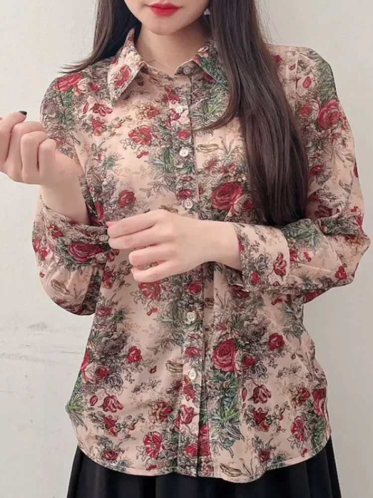 [DISKON KILAT]ASAYA Atasan kemeja dengan motif bunga tua dengan lengan panjang untuk wanita