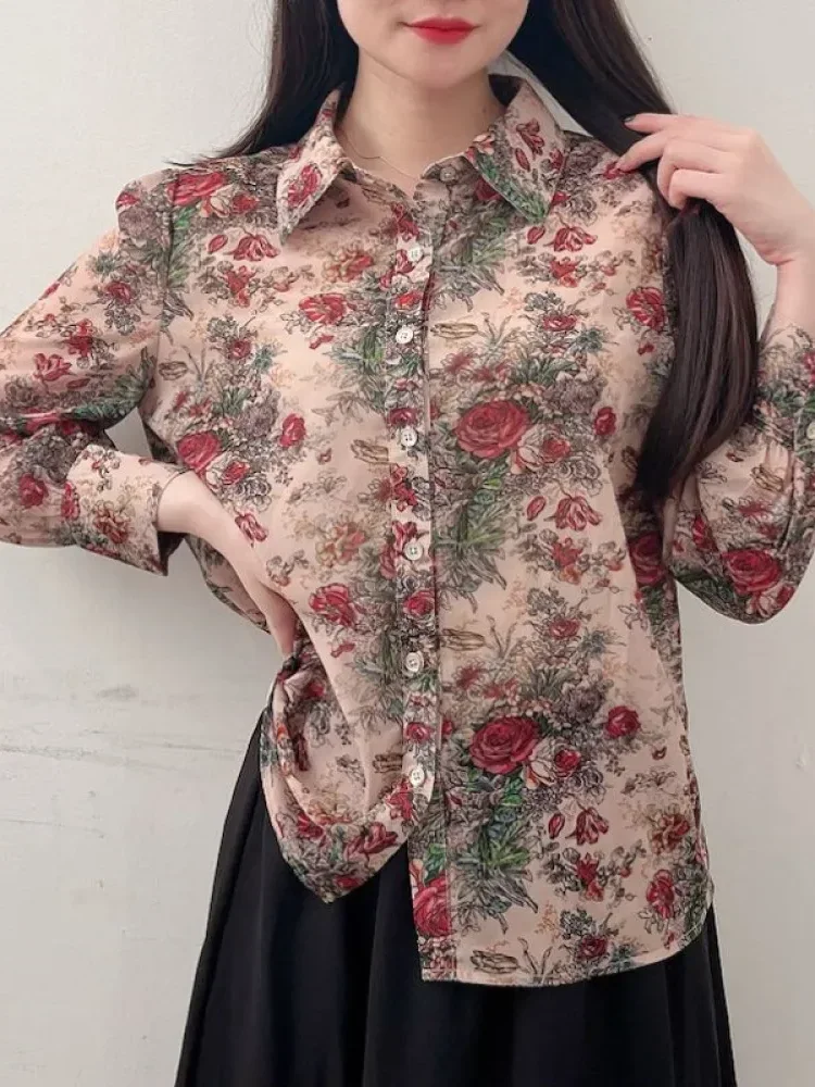 [DISKON KILAT]ASAYA Atasan kemeja dengan motif bunga tua dengan lengan panjang untuk wanita